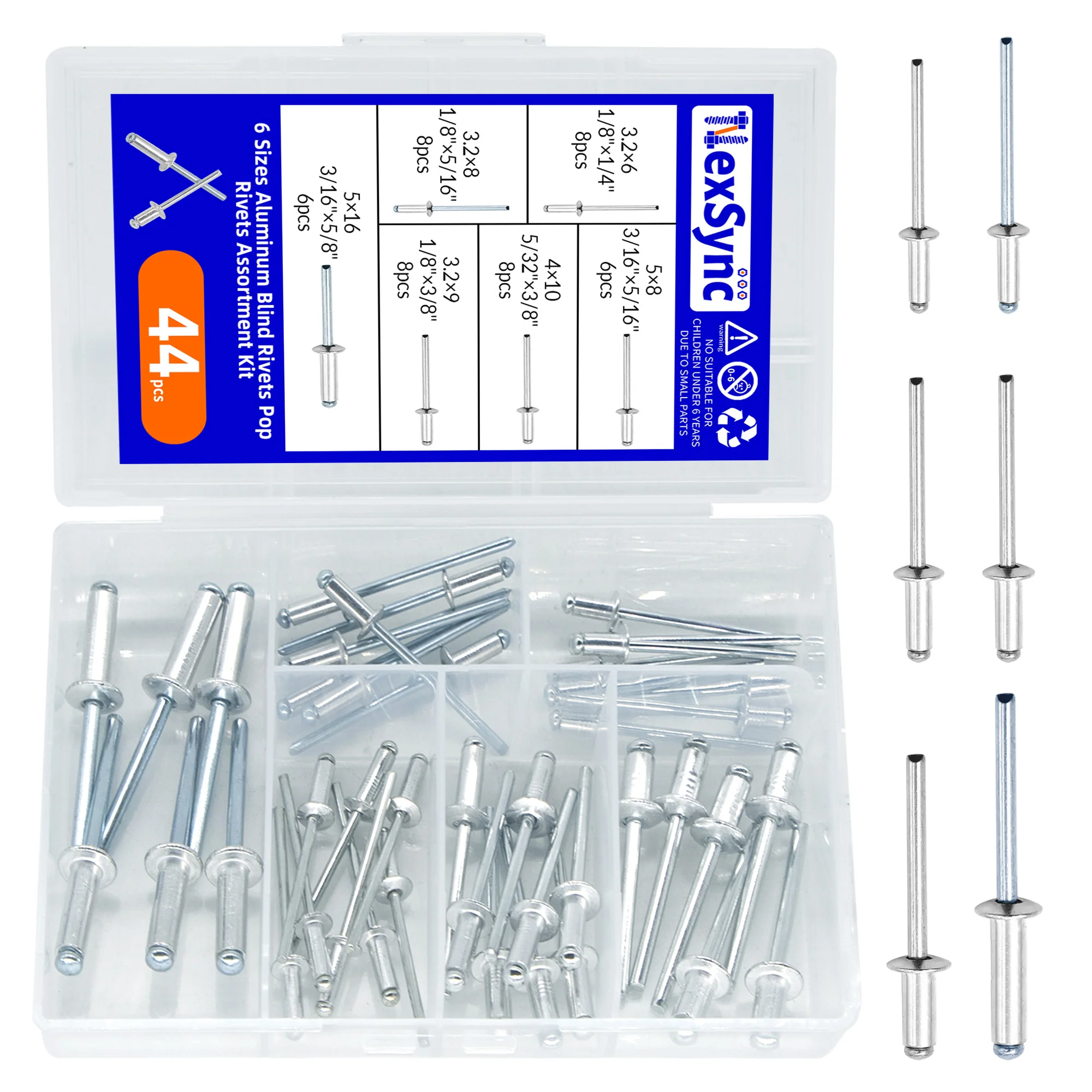 44 stücke 6 Größen Aluminium Blind nieten Pop Nieten Sortiment Kit Bolzen Stahls chaft Dorn Auspuff nieten Befestigungs elemente Image