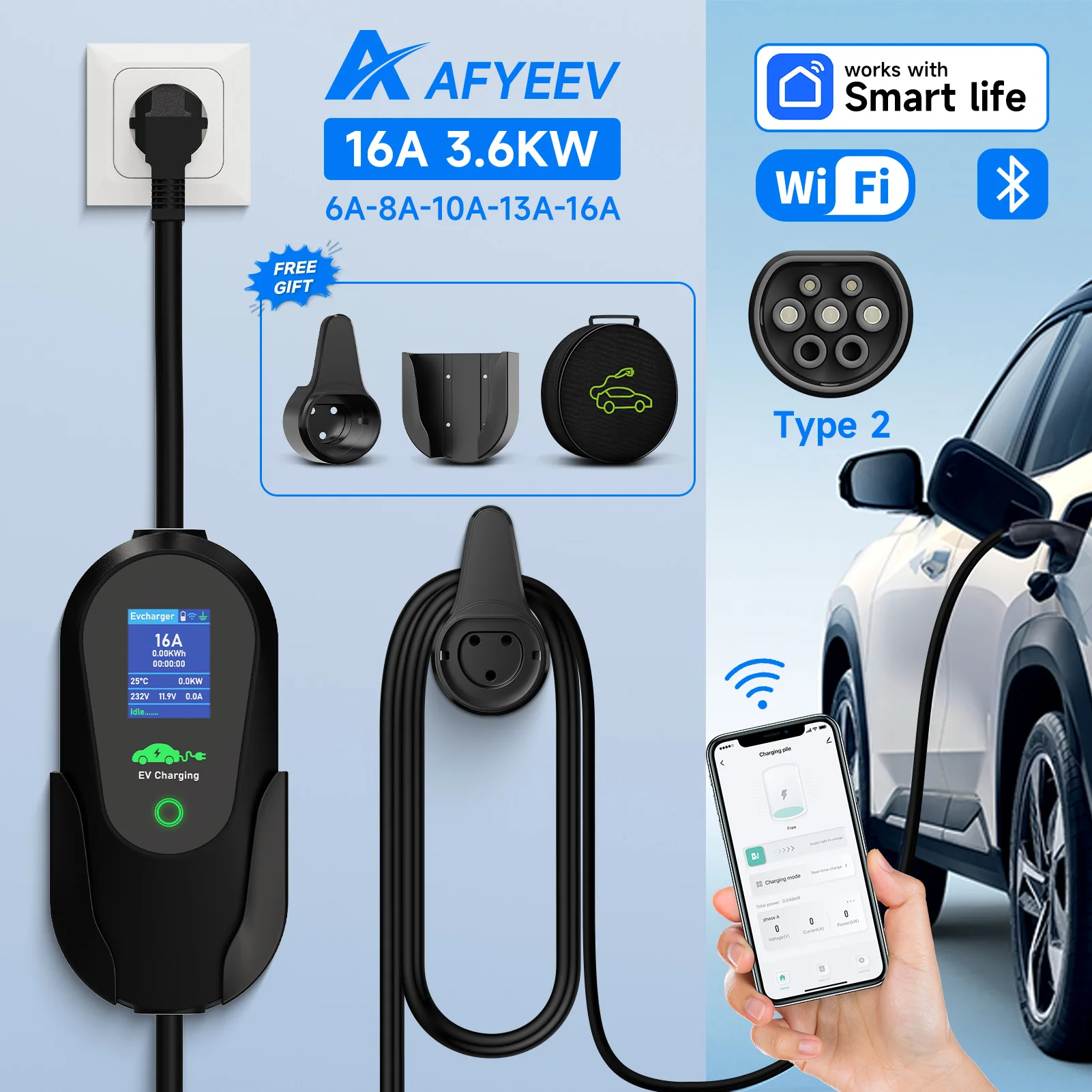 AFYEEV 3600 W Tragbares Typ 2 IEC62196-2 EV-Ladegerät Elektroauto-Ladegerät Ladekabel EU-Stecker WiFi Bluetooth APP Fernbedienung Image