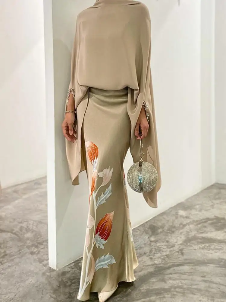 Yeezzi Damen Vintage Elegantes 2-teiliges Set 2025 Neue einfarbige Stehkragen-Reißverschlussbluse mit Blumenmuster und Röcken mit hoher Taille Image