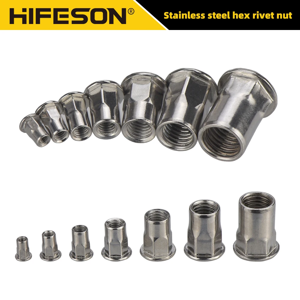 HIFESON 20 Stück 304 Edelstahl Sechskantmuttern Flachkopf-Zietmuttern Einsatzmuttern M3 M4 M5 M6 M8 M10 Image