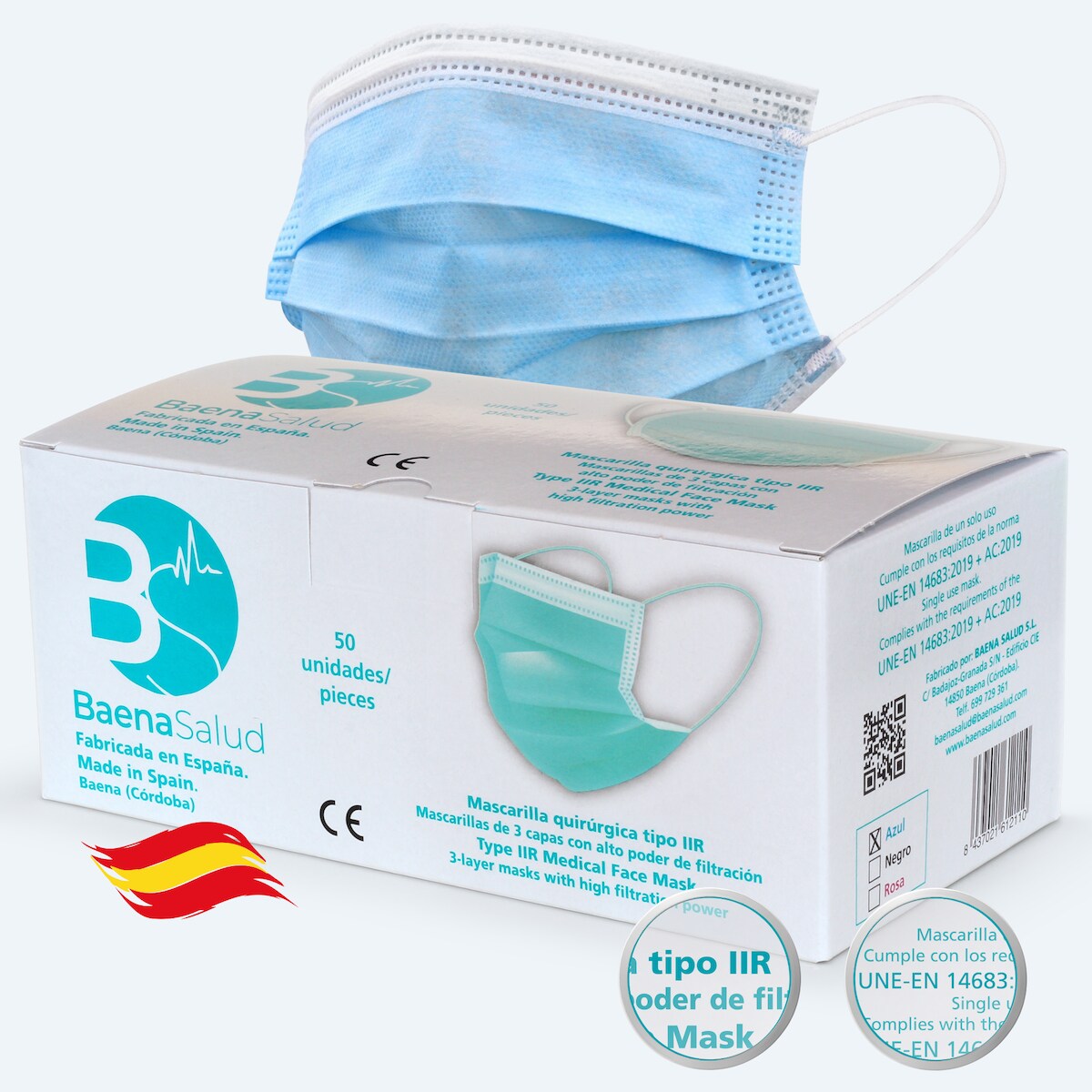Baena Salud 50 Einweg-Schutzmasken chirurgisch, Typ IIR, in blauer Farbe, Filtration (BFE) 98%, hergestellt in Spanien Image