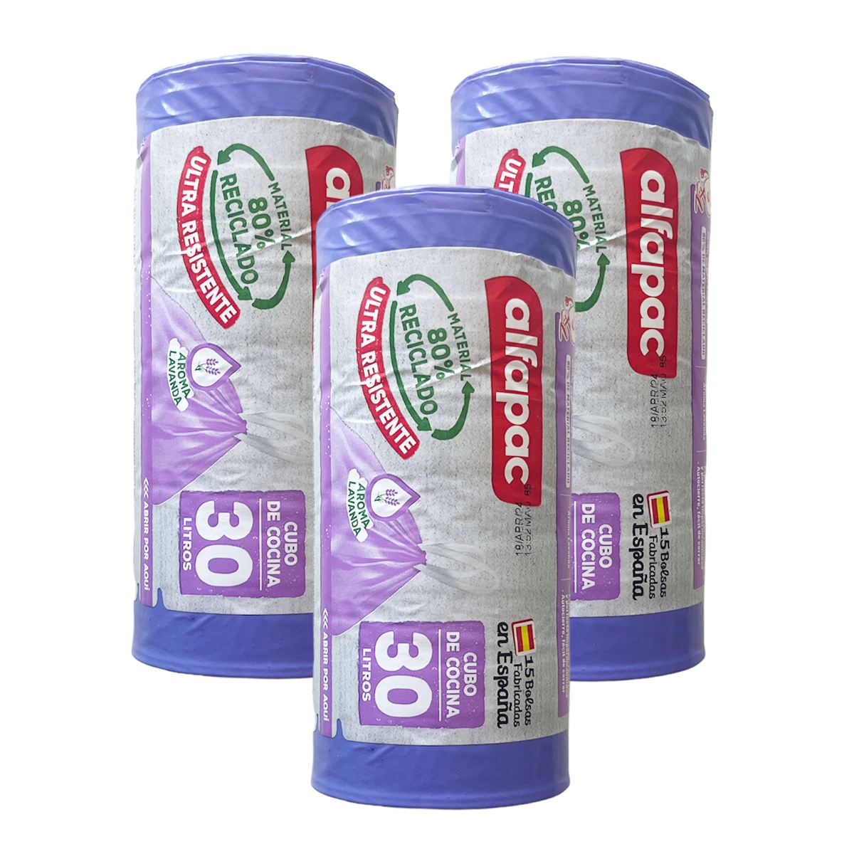 Alfapac - Müllbeutel 30L 55x60cm mit Selbstverschluss 'Lavendel', 3 Rollen x 15 Stück (80% Recycelt) Image