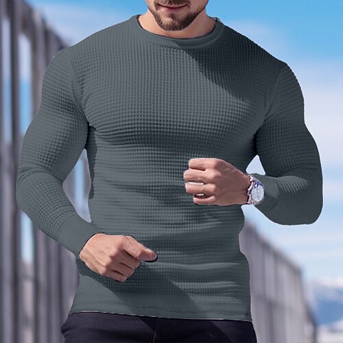 Herren Waffelhemd T Shirt T-Shirt Langarmshirt Langarm Rundhalsausschnitt Frühling Herbst Einfach Mode Designer Basic Urlaub Straße Ausgehen Schwarz Weiß Wein Top T-Shirt für Herren Image
