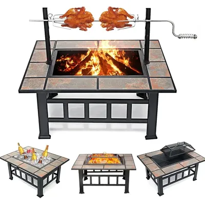 37 Inch Fire Pit Table with Grill for Outside Large Square Wood Burning firepit Heavy Duty Steel
