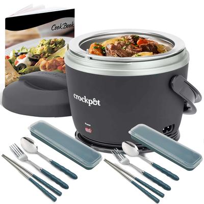 Crock-Pot Electric Lunch Box, Portable Food Warmer 20-Oz. Black Licorice + 2x Travel Cutlery Set + Crock-Pot Reci