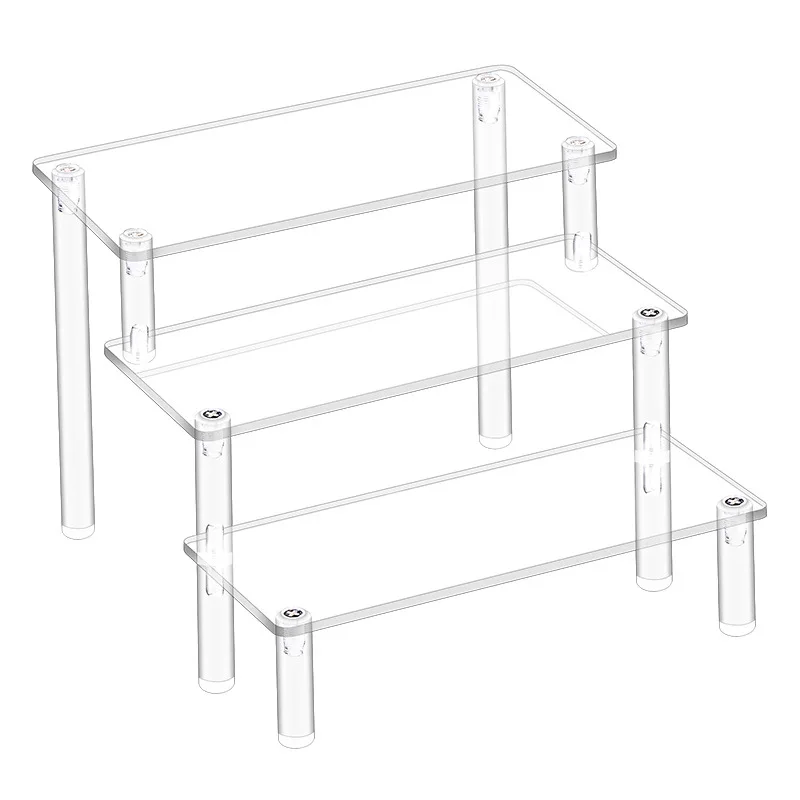 Espositore in acrilico a 1-4 livelli Espositore durevole per bambola di profumo per cupcake Scaffale di stoccaggio per scatola cieca trapezoidale trasparente