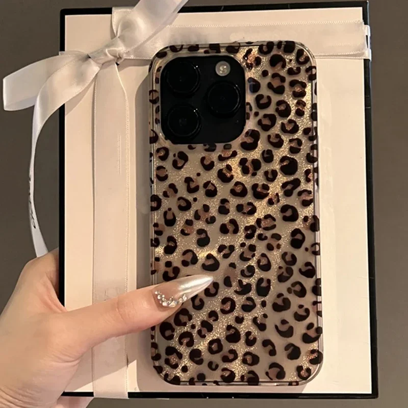 Custodia per telefono trasparente con stampa leopardata marrone retrò per iPhone 16 15 14 13 12 11 Pro Max 15 Pro XS XR X 7 8Plus Cover in silicone antiurto