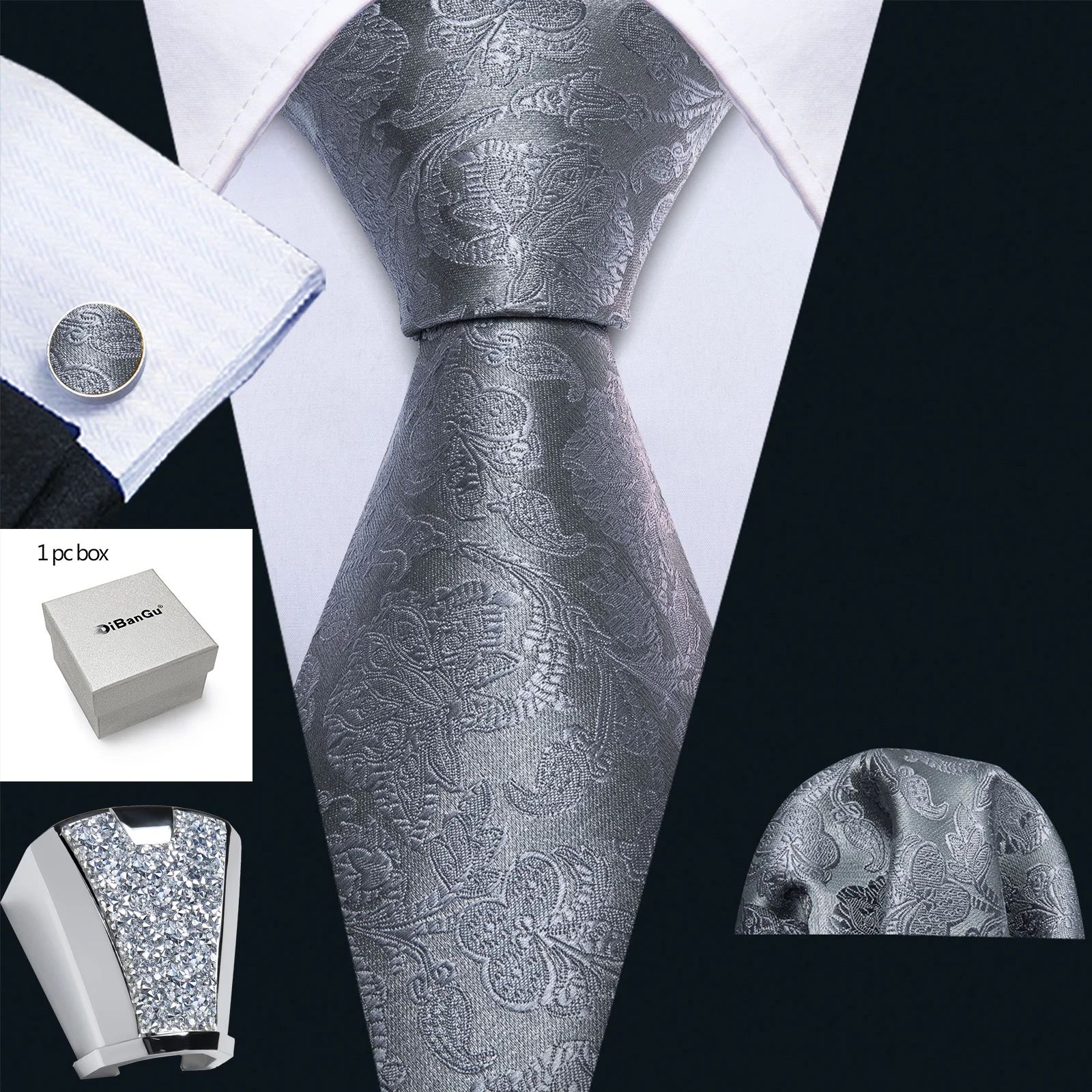 Herren-Krawatten aus Seide für Party, Krawatte, Taschentuch, Manschettenknöpfe, Ring, Geschenkbox-Set, Hochzeitsaccessoires Image