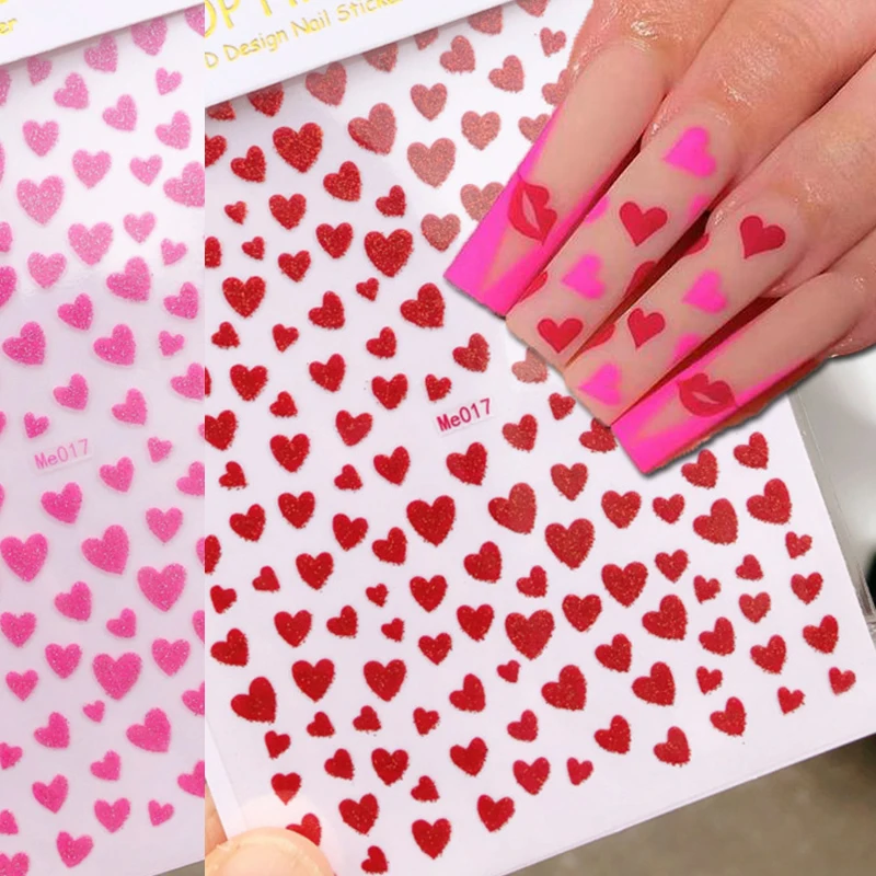 Nail Art 3D-Aufkleber, Valentinstag, Glanz, glitzernd, rot, Rosepink, Liebesherzen, selbstklebende Schieber, Abziehbilder, verzierte Nagelmaniküre Image
