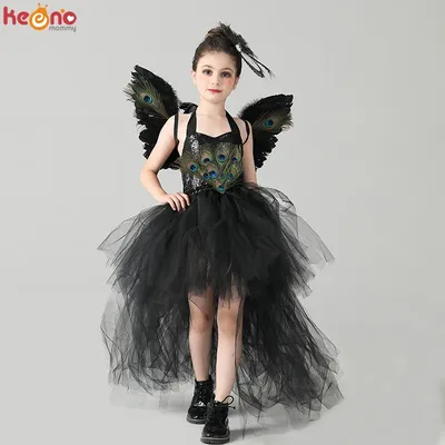 Fancy Peacock Feder Mädchen Pageant Tutu Kleid mit Flügel Kinder Deluxe Pfau Tutu Kostüm Kleid Abend Image