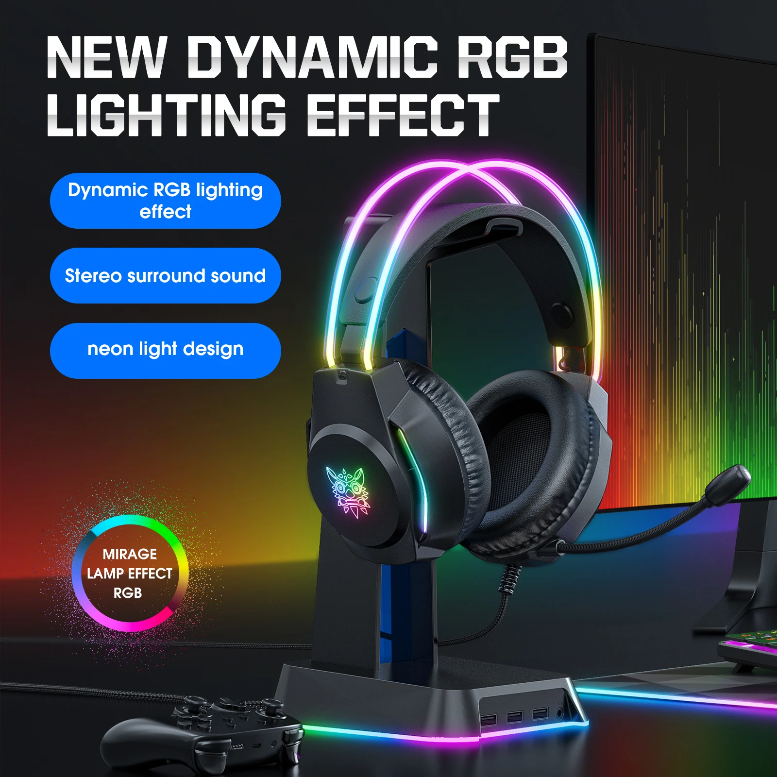 ONIKUMA X26 Kabelgebundener Kopfhörer mit Kopfband, RGB-Licht, flexibles Mikrofon, Gaming-Headset, Computer-Kopfhörer mit Kabel für PC, Gamer, PS5 Image