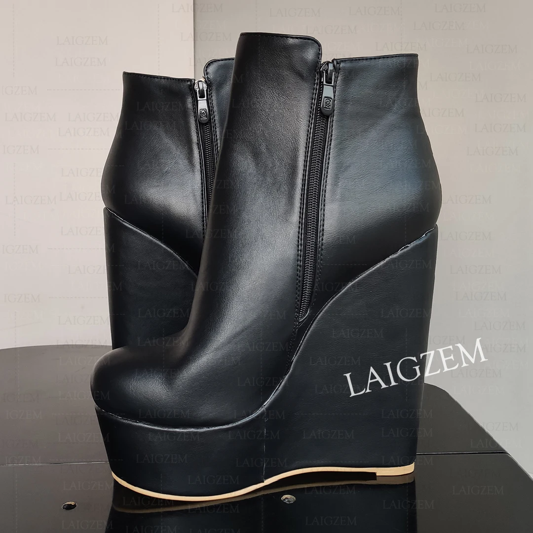 ZHIMA Damen-Stiefeletten, Plateau-Keile, seitlicher Reißverschluss, Kunstleder-Booties, bequeme Damenschuhe, große Größe 41, 43, 45, 48, 52