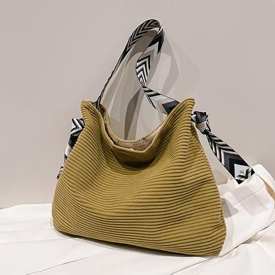 TEMU [] Large Capacity Corduroy Tote Bag With Boho-chic Wide Strap, Magnetic Closure, And Polyester Lining - Beige Shoulder Handbag With Geometric Pattern Strap Image