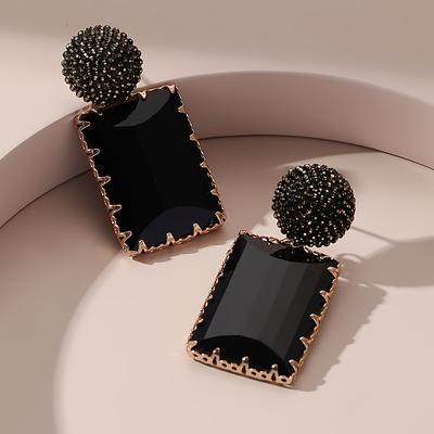 TEMU 1 Pair Vintage Black Rectangular Crystal Earrings For Men, Alloy Drop Dangle With Synthetic Cubic Zirconia, Stainless Steel Post, Fashion Jewelry Accessories Image