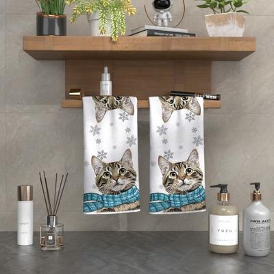 TEMU 2pcs Soft Cat & Towel Set, 18x26 Inches - Absorbent Polyester Hand Towels With Cute , Blue Scarf Detail - Ideal For Kitchen, Bathroom, Gym - Perfect Gift For Cat Lovers, Cat Towel