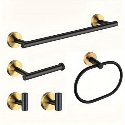 TEMU 4/5pcs Stainless Steel Golden Towel Bar Towel Bar Toilet Paper Holder Towel Ring Bathrobe Hook Suitable For Hotel Home Bathroom Five-piece Set Bathroom Accessories