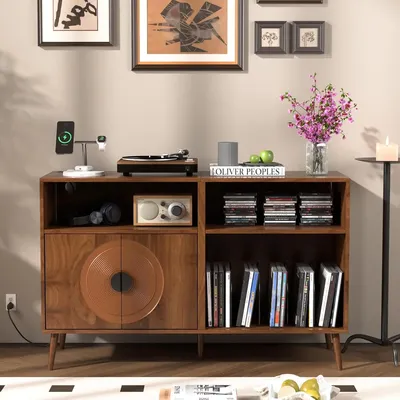 Large Record Player Stand,Mid Century Turntable Stand with Door, Record Player Table Holds Up to 350 Albums,Vinyl Display Shelf