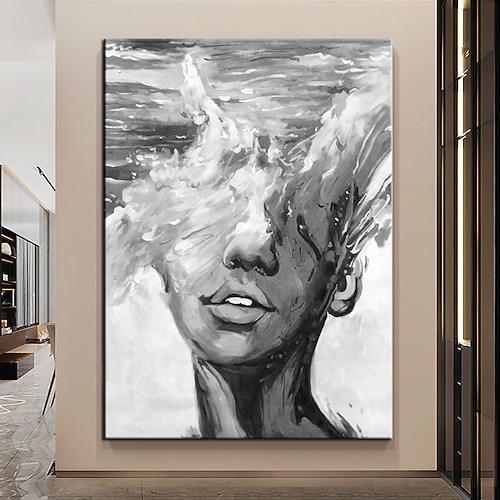 Handgefertigtes Gemälde „Frau mit Seesturm", handgemaltes Ölgemälde, Wandkunst, schwarze Kunst, Kunstwerk „Frau mit Gesicht", gesichtsloses Gemälde, Porträt, Ölgemälde, abstraktes Damengemälde, Dekor, Image