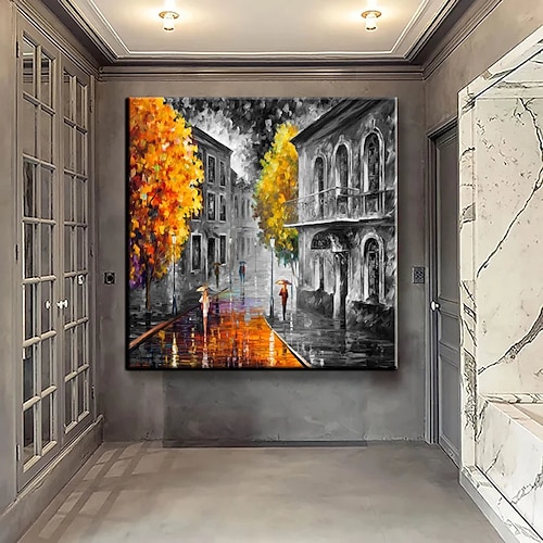 Handgefertigtes, handgemaltes Ölgemälde, Wandgemälde „Regentage", originaler Regen, urbane Kunst, Regenschirmkunst, Ölgemälde, abstraktes Kunstwerk, Dekor, gerollte Leinwand, kein Rahmen, ungedehnt Image