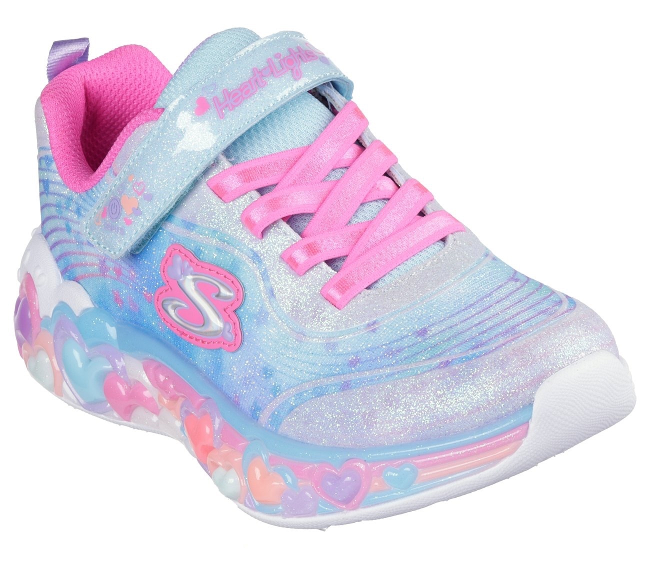 Sneaker SKECHERS "ETERNAL HEART LIGHTS", Mädchen, Gr. 30, bunt (hellblau, multi), Synthetik, Textil, Glitzer, kontrastfarbene Details, Schuhe Sneaker, Blink,-Klettschuh mit Herz-Applikation, Größenschablone zum Download