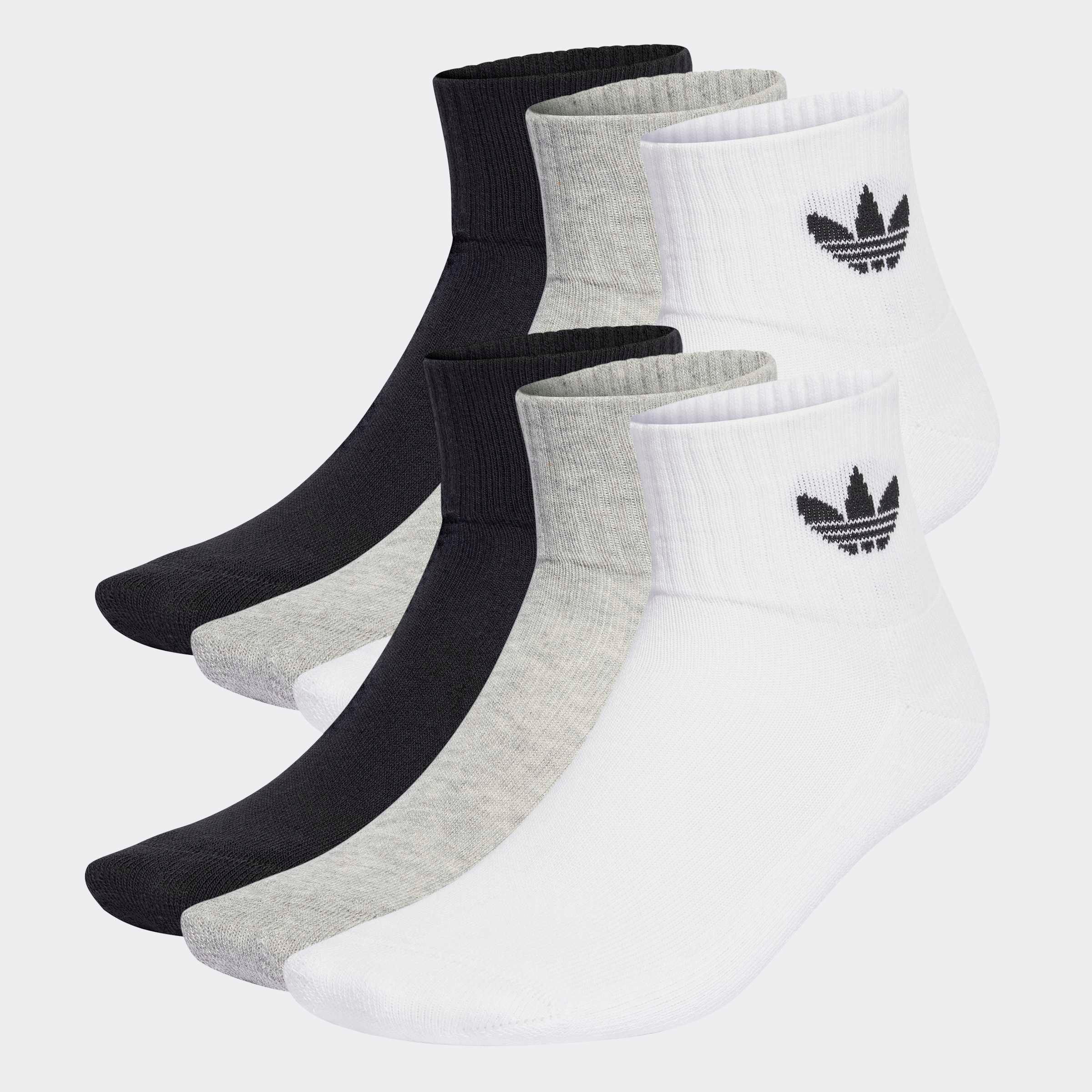 Sportsocken ADIDAS ORIGINALS "1/4 SOCKS 6P", Damen, Gr. L (43/45), schwarz-weiß (weiß, medium grau heather, schwarz), Obermaterial: 65% Baumwolle, 32% Polyester, 2% Elasthan, 1% sonstige Fasern, Socken Sportsocken, für Laufen, 6er-Pack, mit...