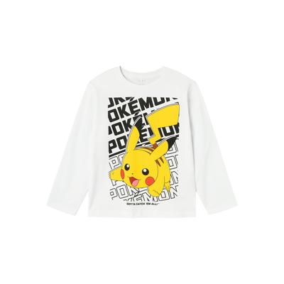 Langarmshirt NAME IT "NKMAMAS POKEMON LS NREG TOP BOX NOOS SKY", Jungen, Gr. 122 (128), weiß (hellweiß), Jersey, Obermaterial: 100% Baumwolle, bedruckt, casual, normal hüftlang, Rundhals, Langarm abgesteppte Kante, Shirts, mit großem Pokémon-Frontmotiv Image