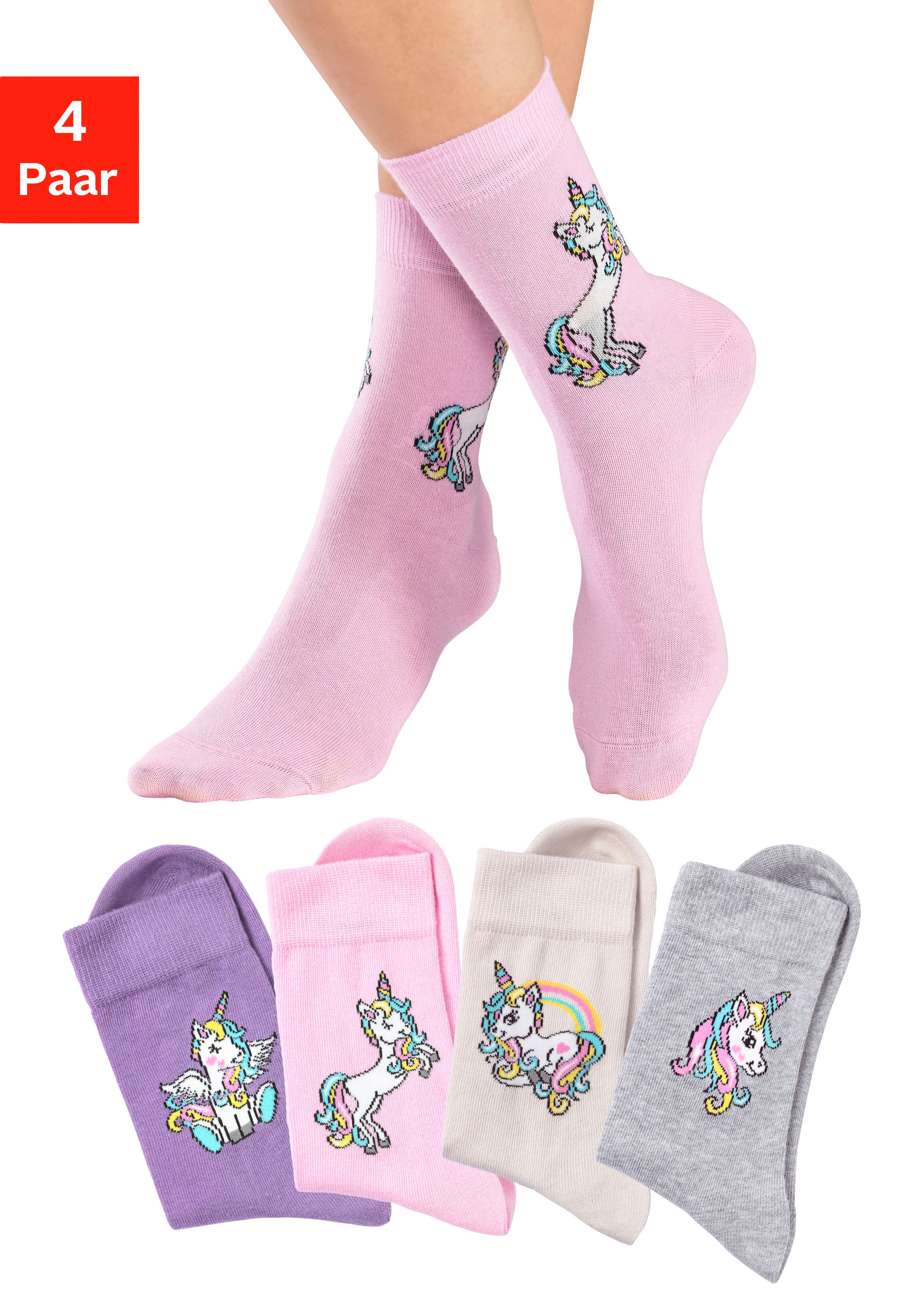 Basicsocken H.I.S, Kinder, Gr. 35-38, bunt (1x ecru, 1x rosa, 1x lila, 1x hellgrau, meliert), Baumwollmischung, gemustert, elastisch, Socken, mit Einhorn Motiven, Topseller Image