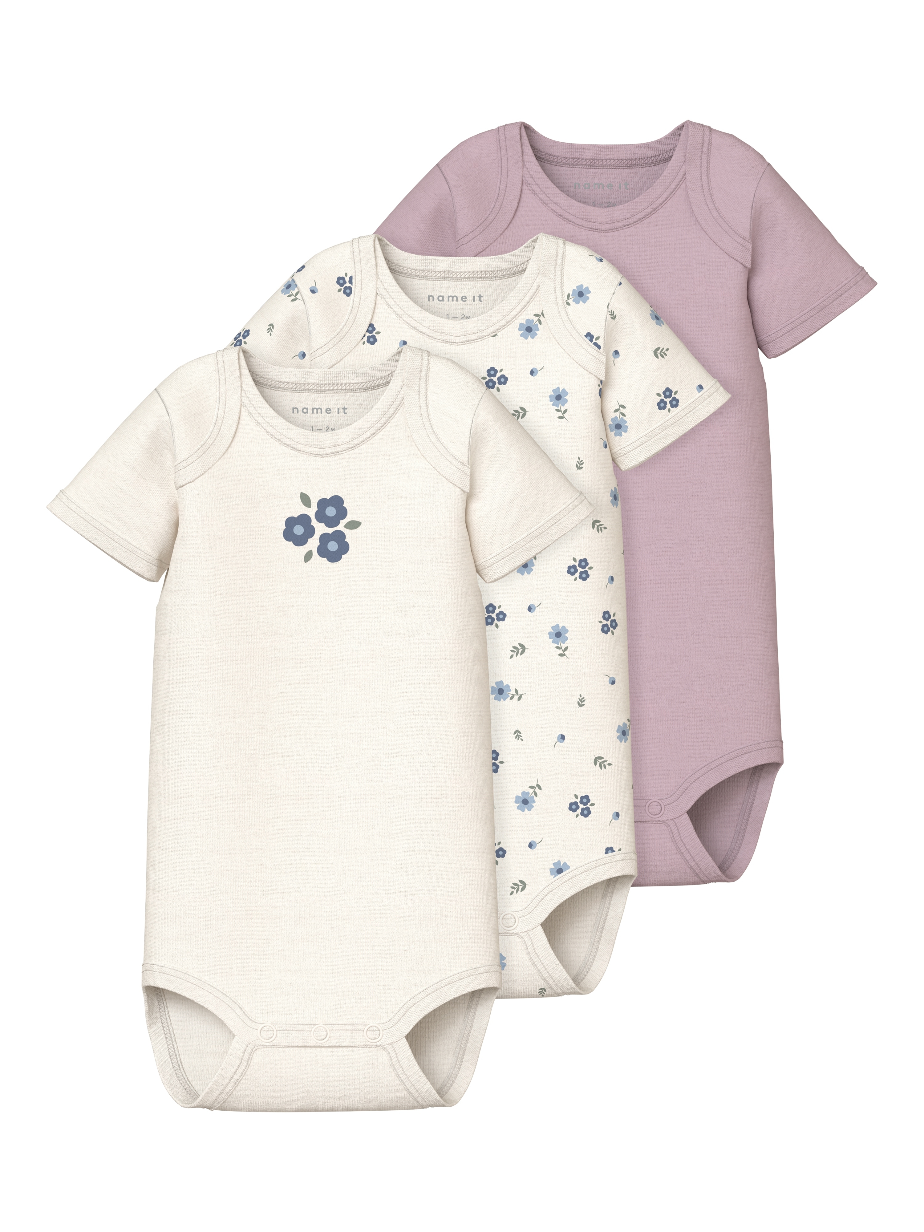 Body NAME IT "NBFBODY 3P SS JET STREAM FLOWER NOOS", Baby, Gr. 56, N-Gr, grün (jet stream), Sweatware, Obermaterial: 100% Baumwolle, bedruckt, regular fit, Bodys Image
