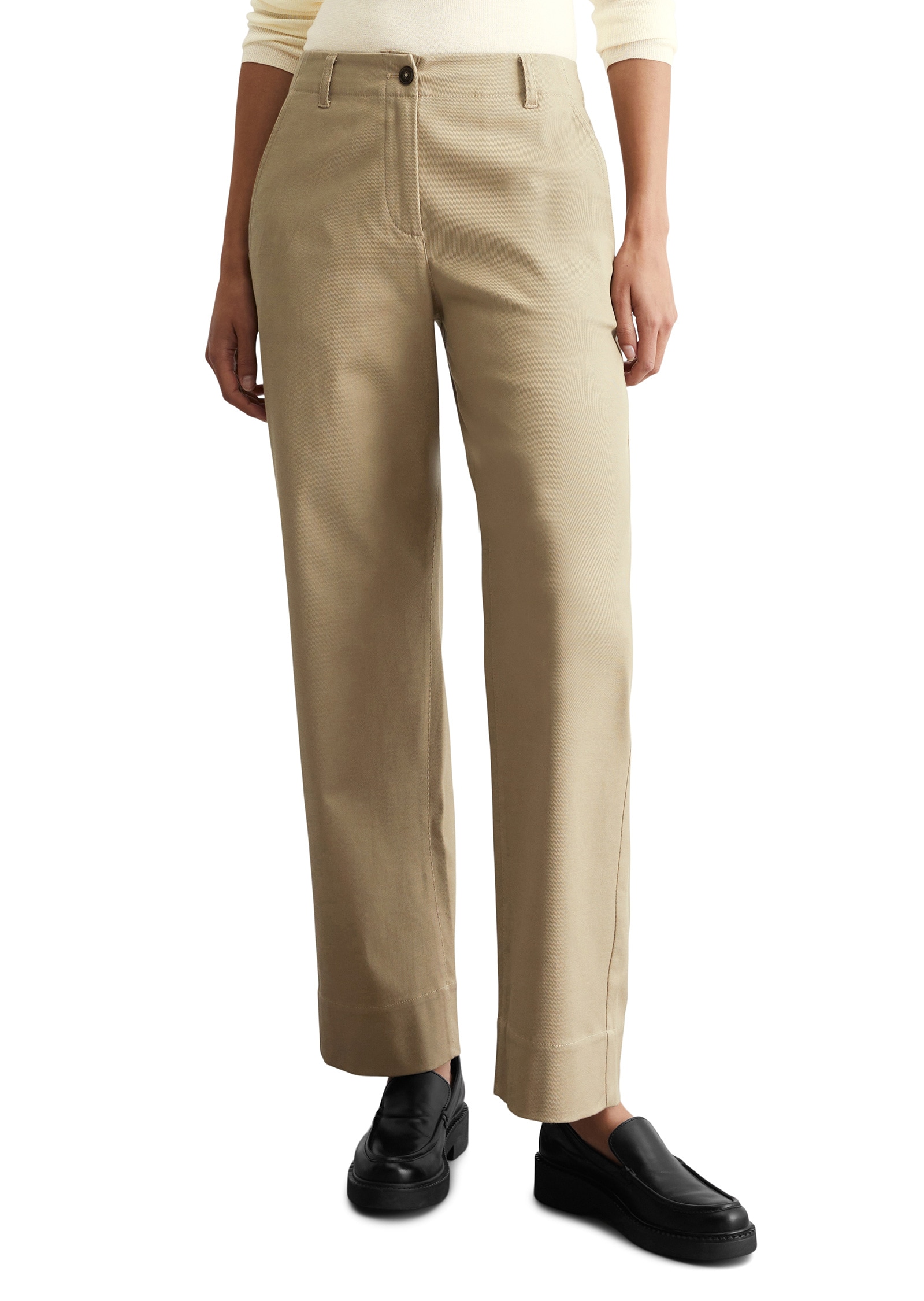 Chinohose MARC O'POLO "aus Organic Cotton-Mix mit Lyocell", Damen, Gr. 38, Normalgrößen, beige (m745), Obermaterial: 69% Baumwolle, 29% Lyocell, 2% Elasthan, unifarben, weit lang, Hosen Chinohose