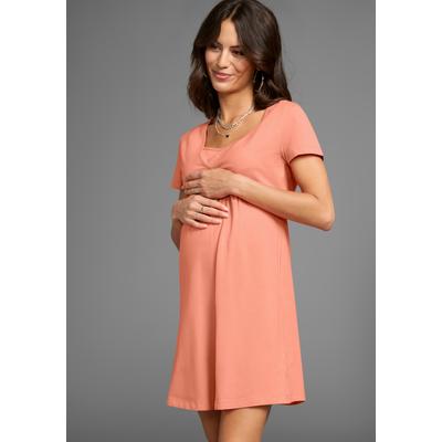 Umstandskleid NEUN MONATE "Kurzes Schwangerschafts-Jerseykleid, Minikleid", Damen, Gr. 44/46, N-Gr, orange (aprikot), Jersey, Obermaterial: 95% Baumwolle, 5% Elasthan, unifarben, casual, V-Ausschnitt, Kurzarm, Kleider, Auschnitt in Wickeloptik Image