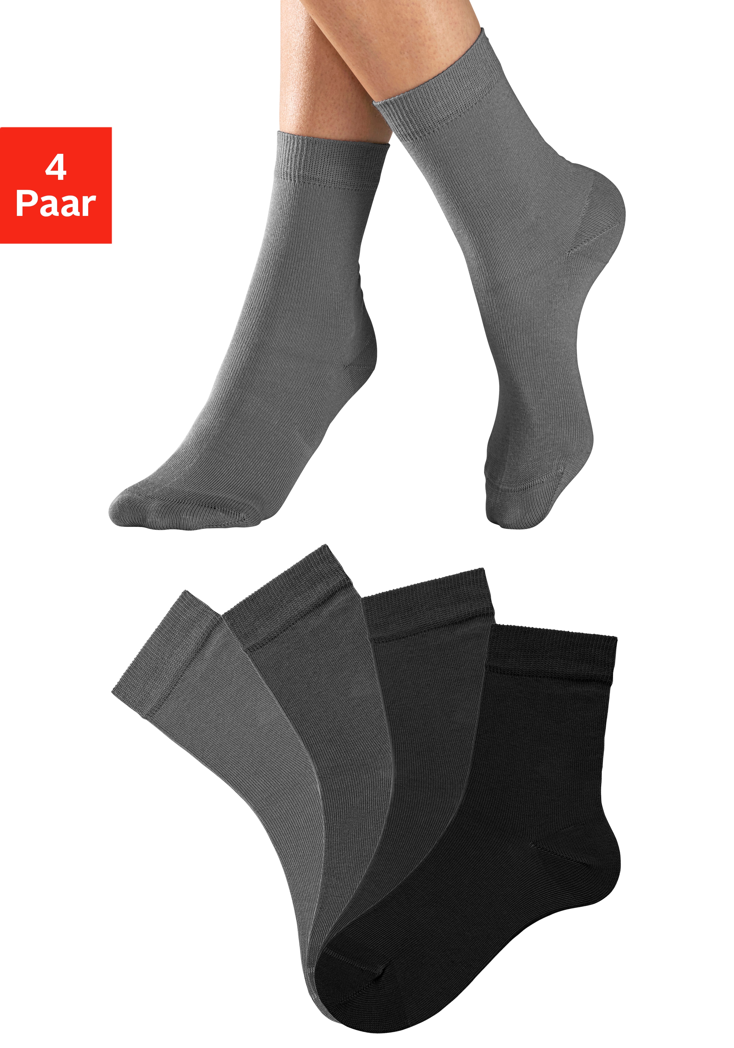 Socken H.I.S, Damen, Gr. 39-42, grau (4x grau, schwarz), Obermaterial: 78% Baumwolle, 20% Polyamid, 2% Elasthan, unifarben, elastisch, Socken, in unterschiedlichen Farbzusammenstellungen