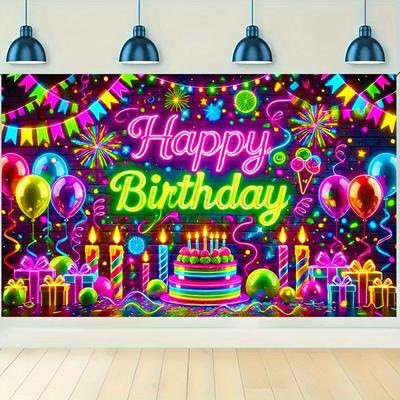 TEMU 1pc Neon Happy Birthday Banner, 5.9 X 3.6 Ft Polyester Backdrop With Balloons And Cake, No Electricity Needed, Birthday Party Decoration And Photo Prop Image