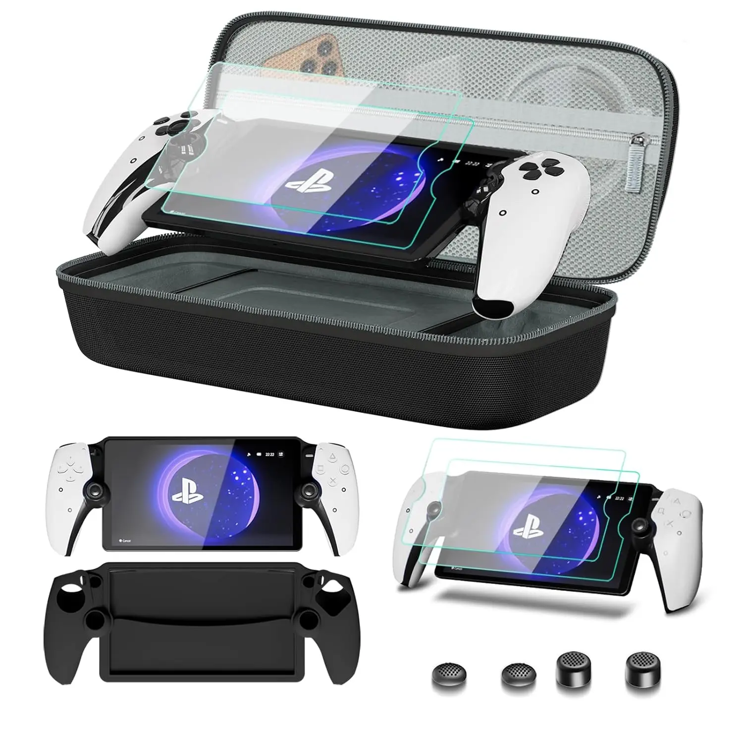 For Playstation Portal-compatible 8in1 accessory carrying case PS5 soft silicone case 2 screen protectors and 4 joystick caps