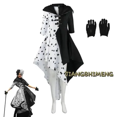 Anime Cruella Cosplay Kostüm Kleid Cruella Cosplay Outfit Umhang Halloween Karneval Anzug Cruella De Vil Kostüm für Erwachsene Frauen Image