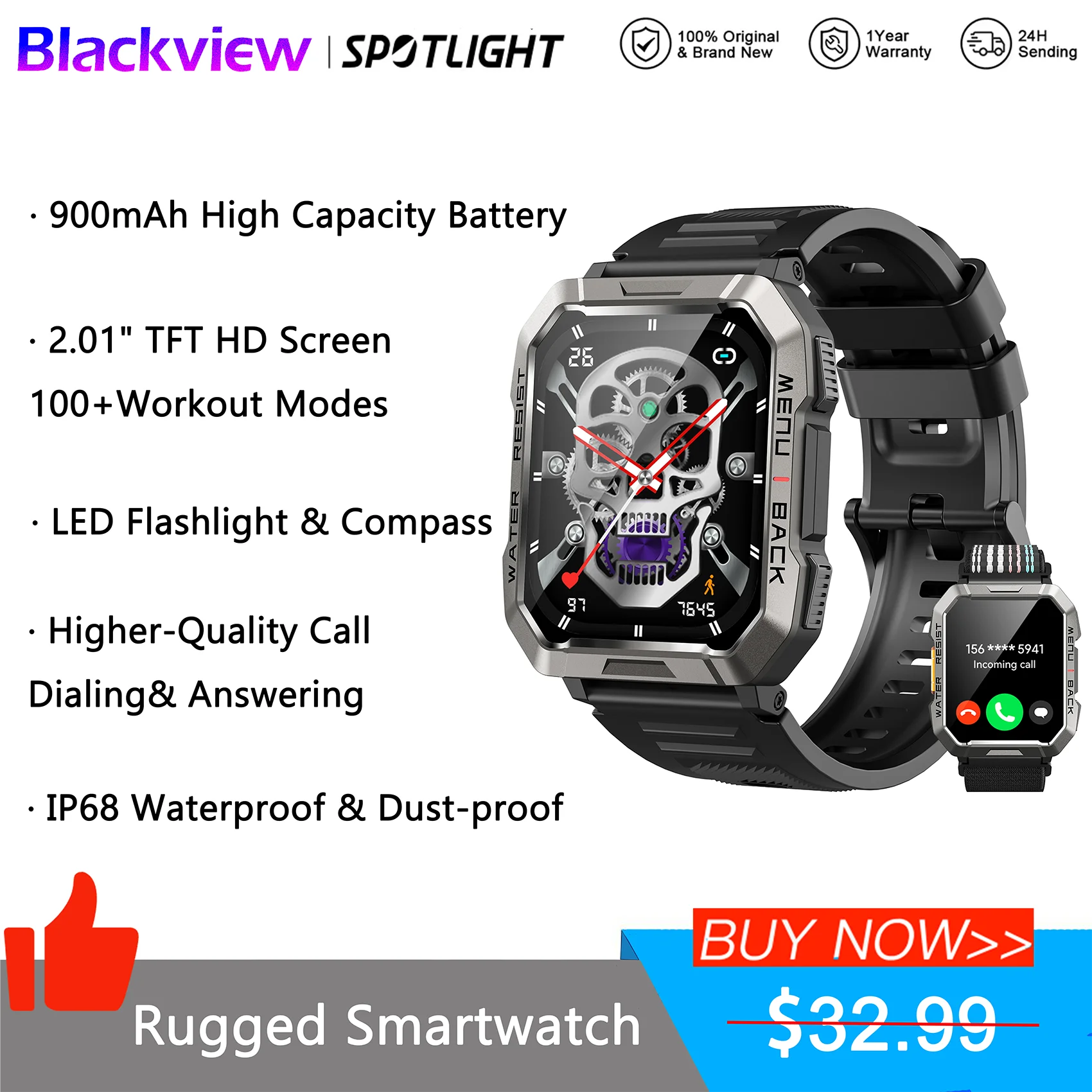 Blackview Neue Smartwatch 2,01'' HD-Display Outdoor-Herrenuhren mit Notbeleuchtung Bluetooth-Anruf Wasserdichte Smartwatch Image