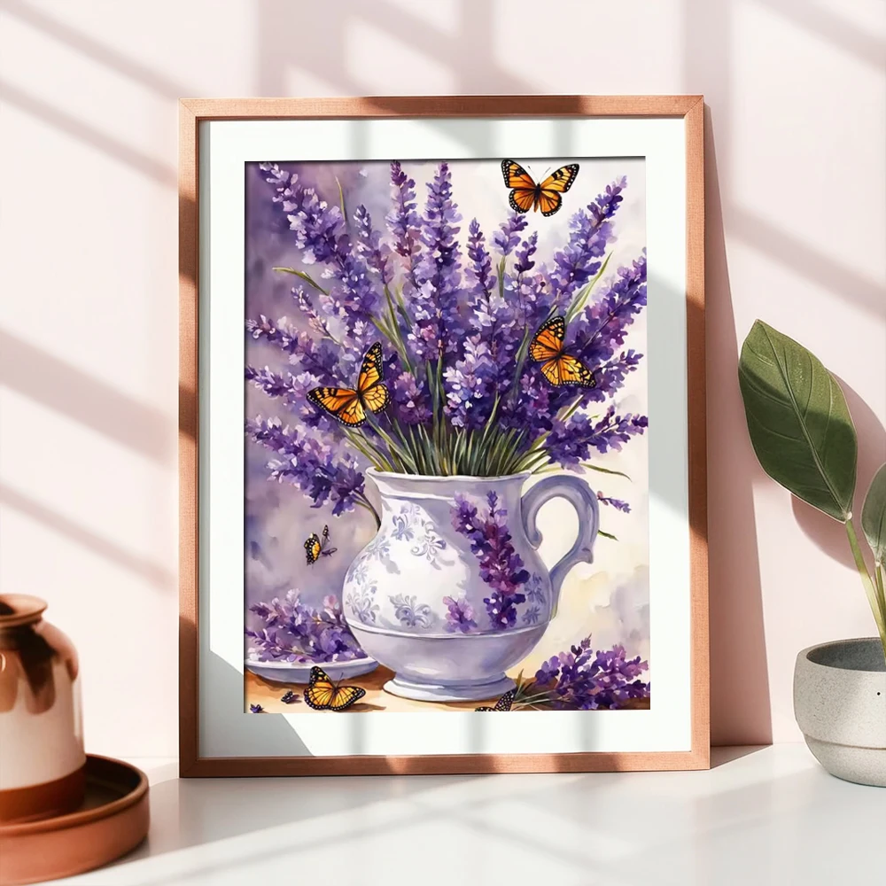 Huacan Blumen-Diamantgemälde, Lavendel-Schmetterlings-Mosaik, 2025, Neuheiten, Diamant-Stickerei, Vase, Heim-Wanddekoration Image