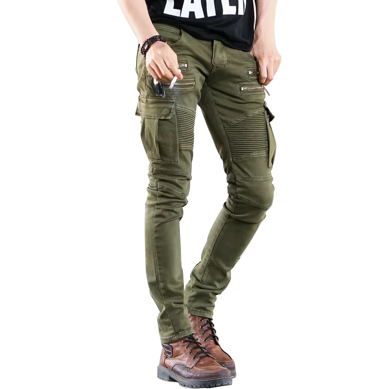 Mode Falten Männer Jeans Stretch Plissee Biker Cargo Jeans Zipper Skinny Slim Fit Hosen Hiphop Punk Multi Tasche Denim Hose Männlich