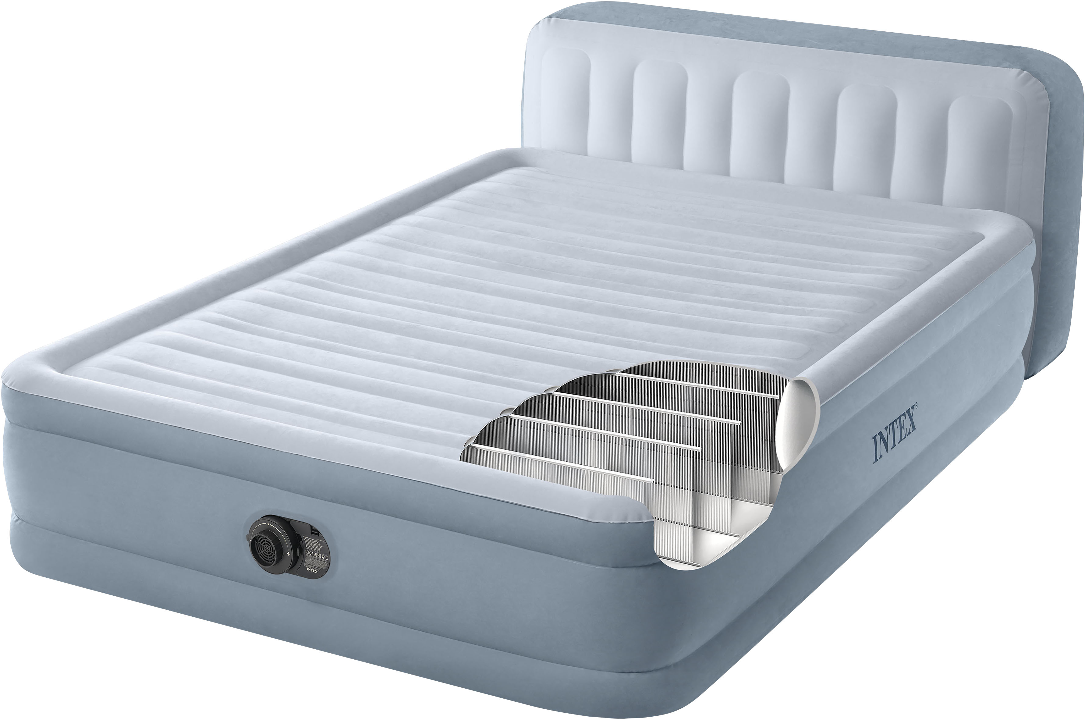 Luftbett INTEX "DuraBeam Plush Headboard" Queen", grau (grau, blau), Luftbetten, B/H/L: 152cm x 86cm x 236cm, Polyester, Vinyl, mit integriertem Kopfteil, B:152cm H:86cm L:236cm Image