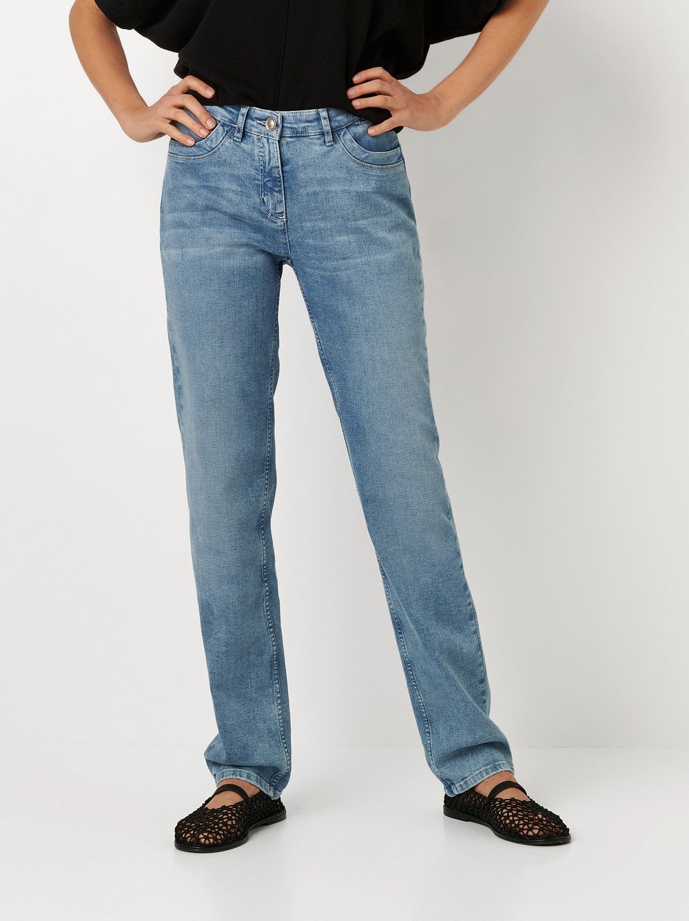 Straight-Jeans TONI "Perfect Shape", Damen, Gr. 44, N-Gr, blau (summer blau bleached), Denim/Jeans, Obermaterial: 93% Baumwolle, 5% Elastomultiester, 2% Elasthan, unifarben, straight fit knöchellang, Jeans Straight-Jeans, mit Taschen