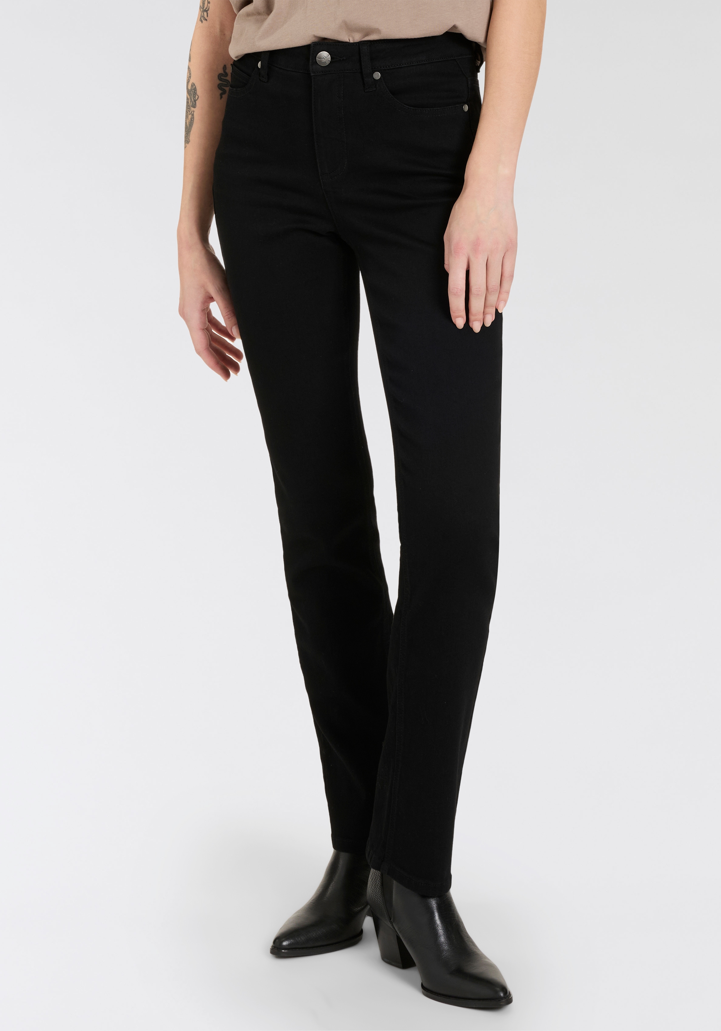 Gerade Jeans ARIZONA "Ultra-Stretch", Damen, Gr. 23, K + L Gr, schwarz (schwarz schwarz), Denim/Jeans, Obermaterial: 74% Baumwolle, 24% Polyester, 2% Elasthan, unifarben, Basic, gerade lang, Jeans, Used-Look-Waschung