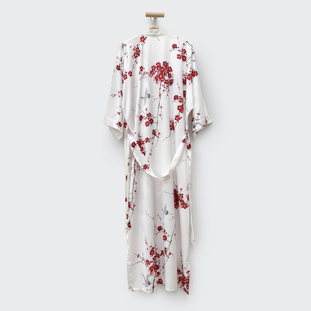 KIM+ONO Kimono Robe | Cherry Blossom & Crane Long Kimono Robe | Polyester Charmeuse | White | Long