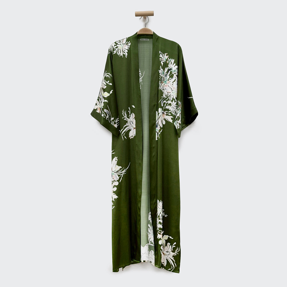 KIM+ONO Kimono Robe | Washable Silk Yuri Long Kimono Robe | Washable Silk | Olive | Long