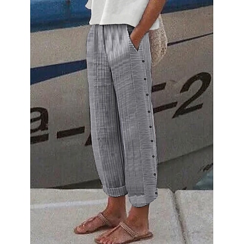Damen-Baumwollhose, schmal zulaufende Hose, Chino, Cropped-Hose, modische Streetwear, knöchellang, hoher Bund, gestreift, Tasche, elastischer Bund, bequem, weich, komfortabel, Outdoor, Streetstyle, weiß, schwarz, pink, grün Image