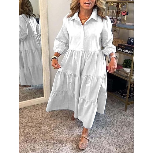 Damen Langes Kleid Maxikleid Baumwoll Mischung Hemdblusenkleid Kaftan Kleid Freizeitkleid Stilvoll Basic Lässig Täglich Urlaub Lässiger Schnitt Einfach Langarm Hemdkragen Weiß Grün Dunkelgray Leicht Image
