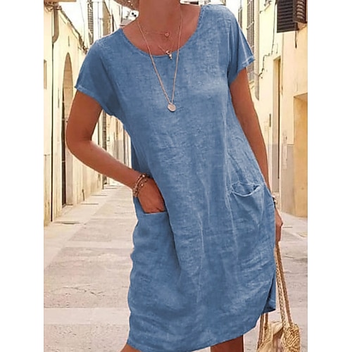 Damen Minikleid in Leinenoptik, lässiges Basic-Kleid für Alltag und Urlaub, normale Passform, schlichtes Kurzarmkleid mit Rundhalsausschnitt, blau, schwarz, khaki, grau, Sommerkleid