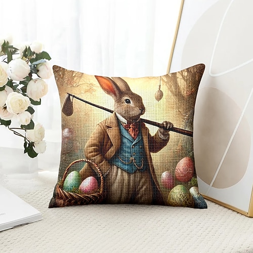 Vintage Osterdekorativer Wurfkissenbezug 1PC Hase weicher quadratischer Couchkissenbezug für Schlafzimmer Wohnzimmer Sofa Stuhl Image