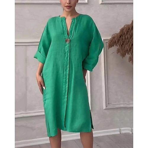 Damen Langes Kleid Maxikleid Kunstbaumwollleinen Hemdblusenkleid Freizeitkleid Stilvoll Lässig Täglich Urlaub Date Normale Passform Einfach Langarm V Ausschnitt Blau Schwarz Hellgrün Rosa Sommer Image