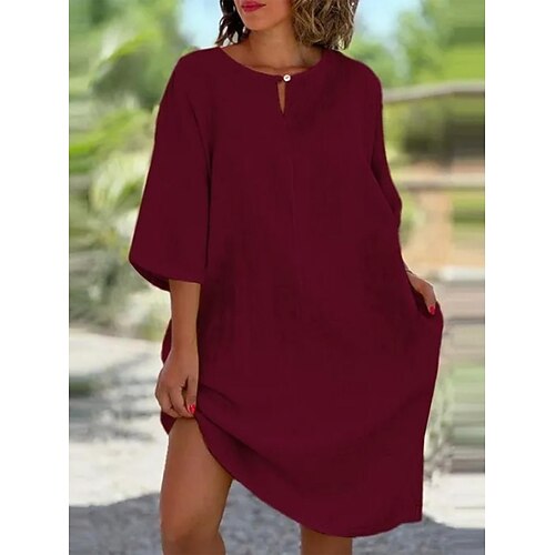 Damen Minikleid Baumwoll Mischung Kaftan Kleid Freizeitkleid Basic Lässig Täglich Urlaub Normale Passform Einfach Dreiviertelarm Rundhalsausschnitt Gelb Wein Grau Leicht Blau Sommer Image
