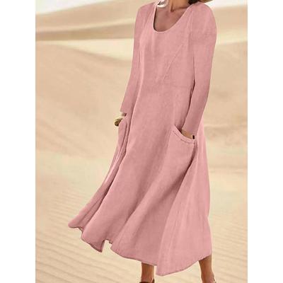 Women's Midi Dress Cotton Linen Dresses Elegant Stylish Basic Vacation Daily Date Loose Fit Plain Long Sleeve Crew Neck White Light Green Pink Sky Blue Spring Fall