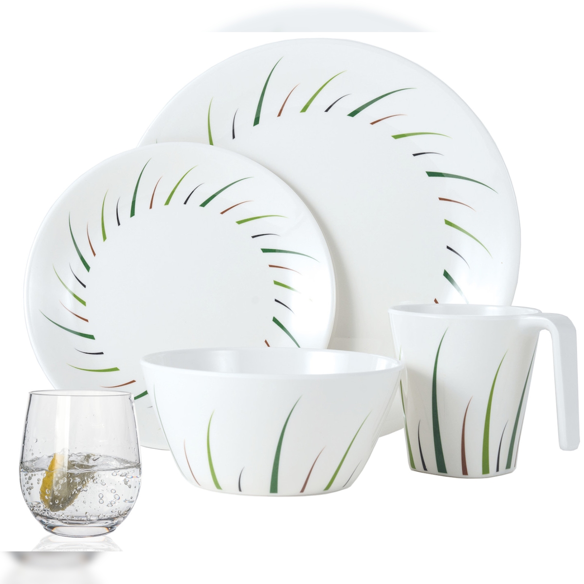 Moritz Melamin Geschirr-Set 4 Personen Limon Design 16 Teilig + 4 Wassergläser Saft Gläser Tafelgeschirr Picknick BBQ Kochgeschirr Image